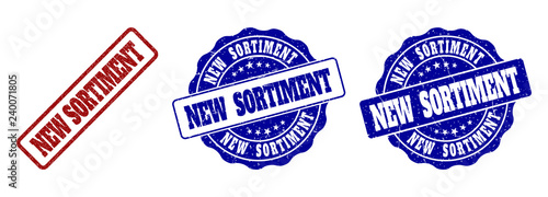 NEW SORTIMENT grunge stamp seals in red and blue colors. Vector NEW SORTIMENT signs with grunge style. Graphic elements are rounded rectangles, rosettes, circles and text tags.