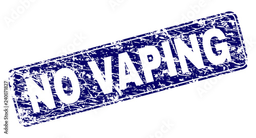 NO VAPING stamp seal print with grunge style. Seal shape is a rounded rectangle with frame. Blue vector rubber print of NO VAPING caption with grunge style.