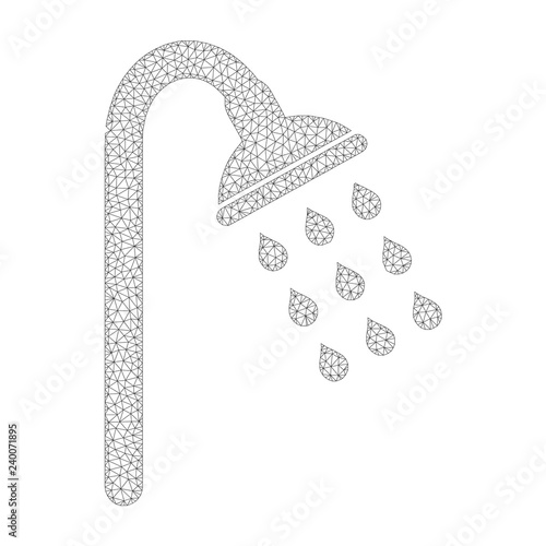 Mesh vector shower icon on a white background. Mesh carcass dark gray shower image in lowpoly style with structured triangles, nodes and lines.
