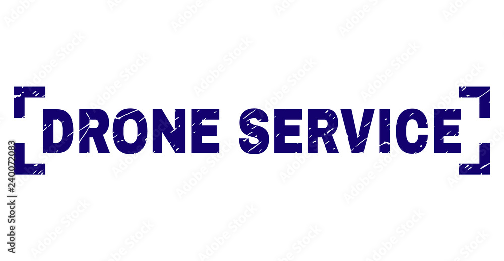 DRONE SERVICE caption seal print with corroded texture. Text caption is placed between corners. Blue vector rubber print of DRONE SERVICE with dust texture.
