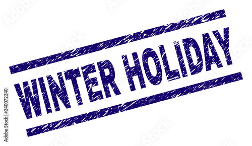 WINTER HOLIDAY seal print with distress style. Blue vector rubber print of WINTER HOLIDAY text with grunge texture. Text label is placed between parallel lines.