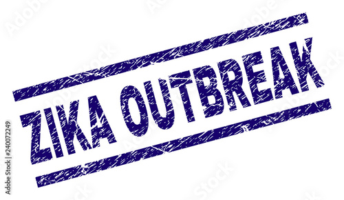 ZIKA OUTBREAK seal stamp with distress style. Blue vector rubber print of ZIKA OUTBREAK label with grunge texture. Text label is placed between parallel lines.