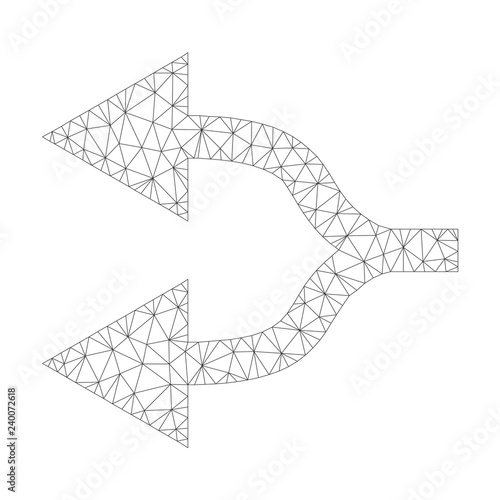 Mesh vector split arrows left icon on a white background. Mesh carcass dark gray split arrows left image in lowpoly style with structured triangles, dots and lines.