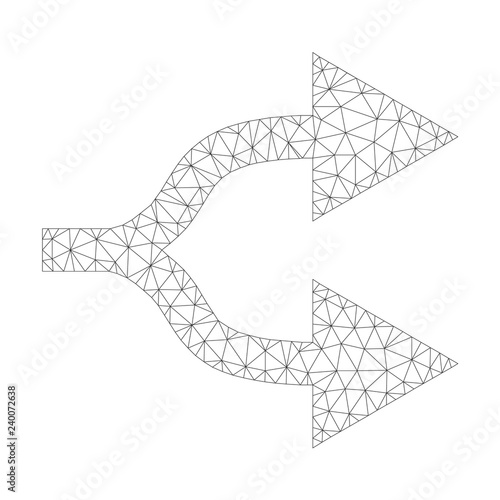 Mesh vector split arrows right icon on a white background. Polygonal carcass dark gray split arrows right image in lowpoly style with connected triangles, nodes and lines.