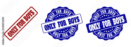 ONLY FOR BOYS grunge stamp seals in red and blue colors. Vector ONLY FOR BOYS marks with grunge texture. Graphic elements are rounded rectangles, rosettes, circles and text tags.