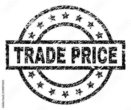 TRADE PRICE stamp seal watermark with distress style. Designed with rectangle, circles and stars. Black vector rubber print of TRADE PRICE caption with dirty texture.