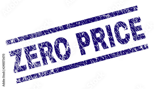 ZERO PRICE seal print with distress style. Blue vector rubber print of ZERO PRICE caption with scratched texture. Text caption is placed between parallel lines.