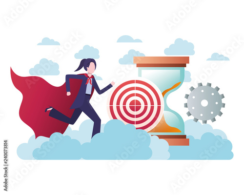 businesswoman with hero cape and target shooting