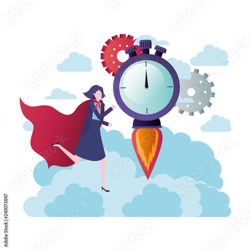 businesswoman with hero cape and chronometer with rocket