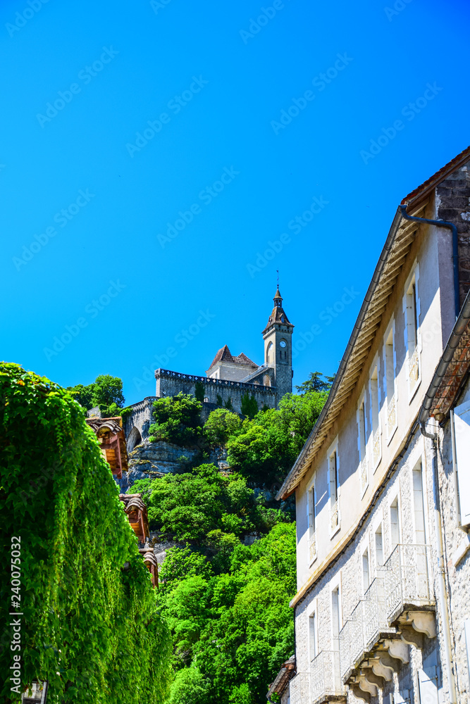 A view of the church at the top of the medieval pilgrimage village of Rocamadour in the Lot Department in France