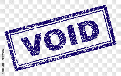 VOID stamp seal print with rubber print style and double framed rectangle shape. Stamp is placed on a transparent background. Blue vector rubber print of VOID text with unclean texture.