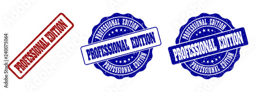 PROFESSIONAL EDITION grunge stamp seals in red and blue colors. Vector PROFESSIONAL EDITION signs with grainy effect. Graphic elements are rounded rectangles, rosettes, circles and text titles.