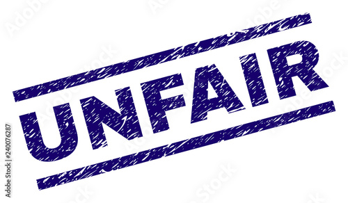 UNFAIR seal print with grunge style. Blue vector rubber print of UNFAIR label with dirty texture. Text label is placed between parallel lines.