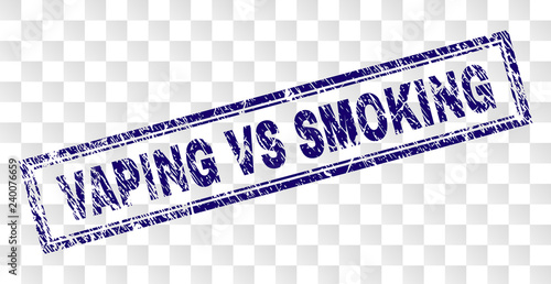 VAPING VS SMOKING stamp seal imprint with rubber print style and double framed rectangle shape. Stamp is placed on a transparent background.