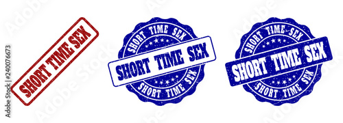SHORT TIME SEX grunge stamp seals in red and blue colors. Vector SHORT TIME SEX imprints with grunge surface. Graphic elements are rounded rectangles, rosettes, circles and text captions.