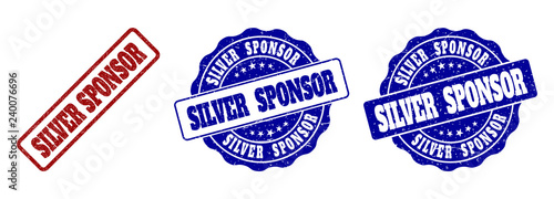 SILVER SPONSOR scratched stamp seals in red and blue colors. Vector SILVER SPONSOR overlays with grunge surface. Graphic elements are rounded rectangles, rosettes, circles and text tags.