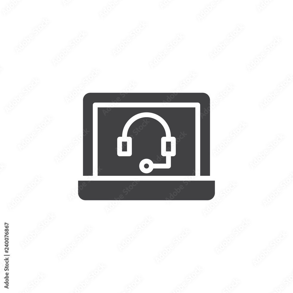 Online support service vector icon. filled flat sign for mobile concept and web design. Laptop with headset simple solid icon. Symbol, logo illustration. Pixel perfect vector graphics Online support service vector icon. filled flat sign for mobile concept and web design. Laptop with headset simple solid icon. Symbol, logo illustration. Pixel perfect vector graphics