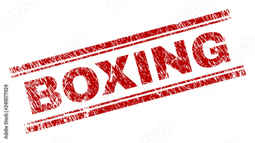 BOXING seal print with corroded texture. Red vector rubber print of BOXING label with corroded texture. Text label is placed between double parallel lines.
