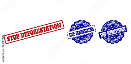 STOP DEFORESTATION scratched stamp seals in red and blue colors. Vector STOP DEFORESTATION labels with draft style. Graphic elements are rounded rectangles, rosettes, circles and text labels.