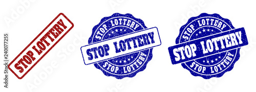 STOP LOTTERY grunge stamp seals in red and blue colors. Vector STOP LOTTERY watermarks with grunge effect. Graphic elements are rounded rectangles, rosettes, circles and text titles.