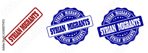 SYRIAN MIGRANTS grunge stamp seals in red and blue colors. Vector SYRIAN MIGRANTS imprints with grunge texture. Graphic elements are rounded rectangles, rosettes, circles and text labels.