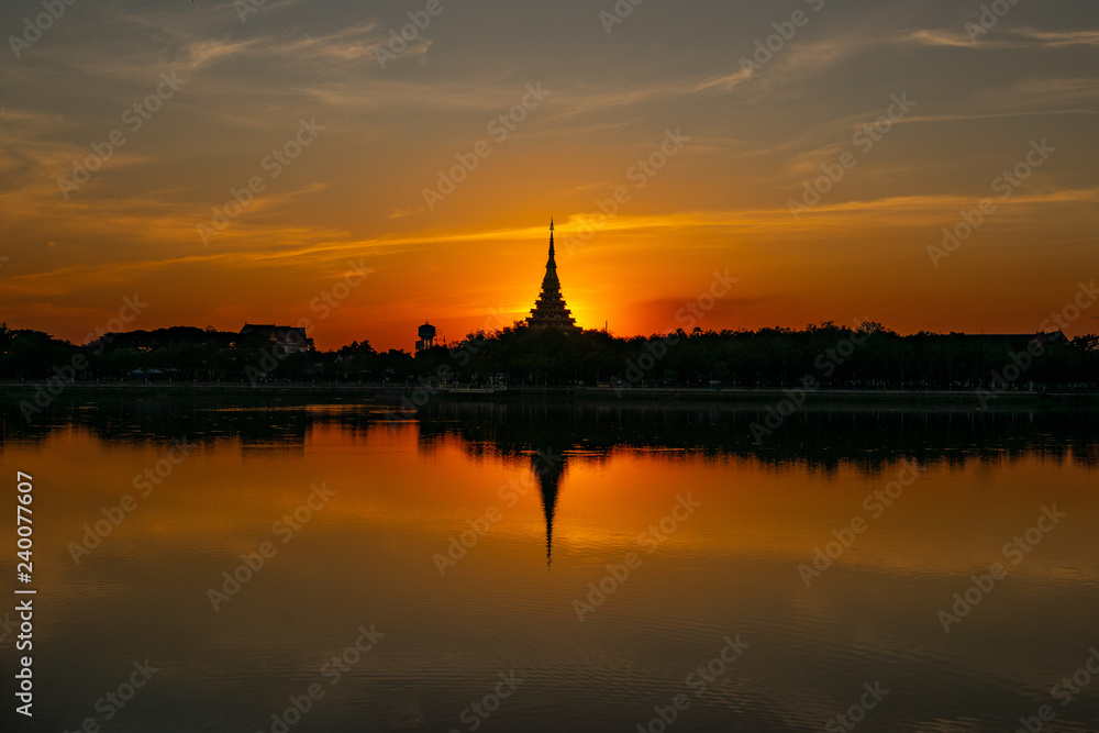 Sunset with pagoda Phra Mahathat Kaen Nakhon