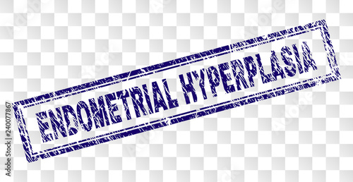 ENDOMETRIAL HYPERPLASIA stamp seal print with rubber print style and double framed rectangle shape. Stamp is placed on a transparent background.