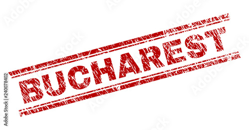 BUCHAREST seal print with distress texture. Red vector rubber print of BUCHAREST text with unclean texture. Text label is placed between double parallel lines.