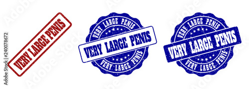 VERY LARGE PENIS grunge stamp seals in red and blue colors. Vector VERY LARGE PENIS signs with draft effect. Graphic elements are rounded rectangles, rosettes, circles and text tags.