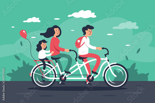 Family with young woman, man with bags, child girl riding a bike.