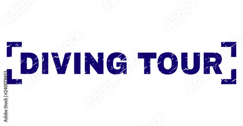 DIVING TOUR caption seal stamp with grunge texture. Text caption is placed inside corners. Blue vector rubber print of DIVING TOUR with dirty texture.