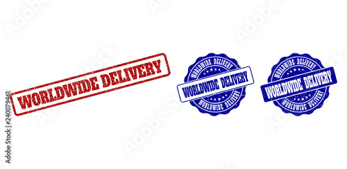 WORLDWIDE DELIVERY grunge stamp seals in red and blue colors. Vector WORLDWIDE DELIVERY signs with grunge texture. Graphic elements are rounded rectangles, rosettes, circles and text labels.