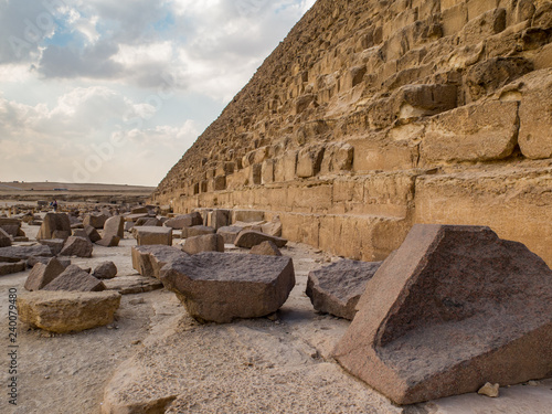 Large blocks of stone at the base of the Great Pyramid Khufu