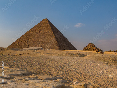 Great Pyramids of Egypt in the late afternoon sun  blue sky
