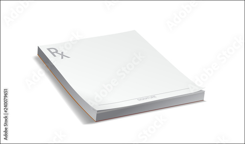 Blank doctor's Rx pharmacy Prescription Pad isolated on white with shadow ready for physician's signature and drug treatment remedy