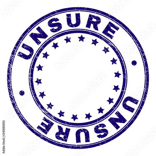 UNSURE stamp seal watermark with grunge texture. Designed with round shapes and stars. Blue vector rubber print of UNSURE title with dirty texture.