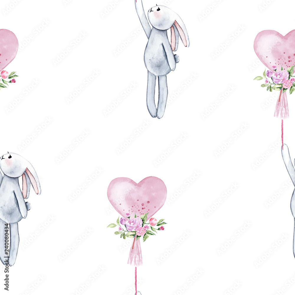 Watercolor seamless pattern. Balloons pink heart and blue. Isolated on white background. Watercolor seamless pattern. Balloons pink heart and blue. Isolated on white background.