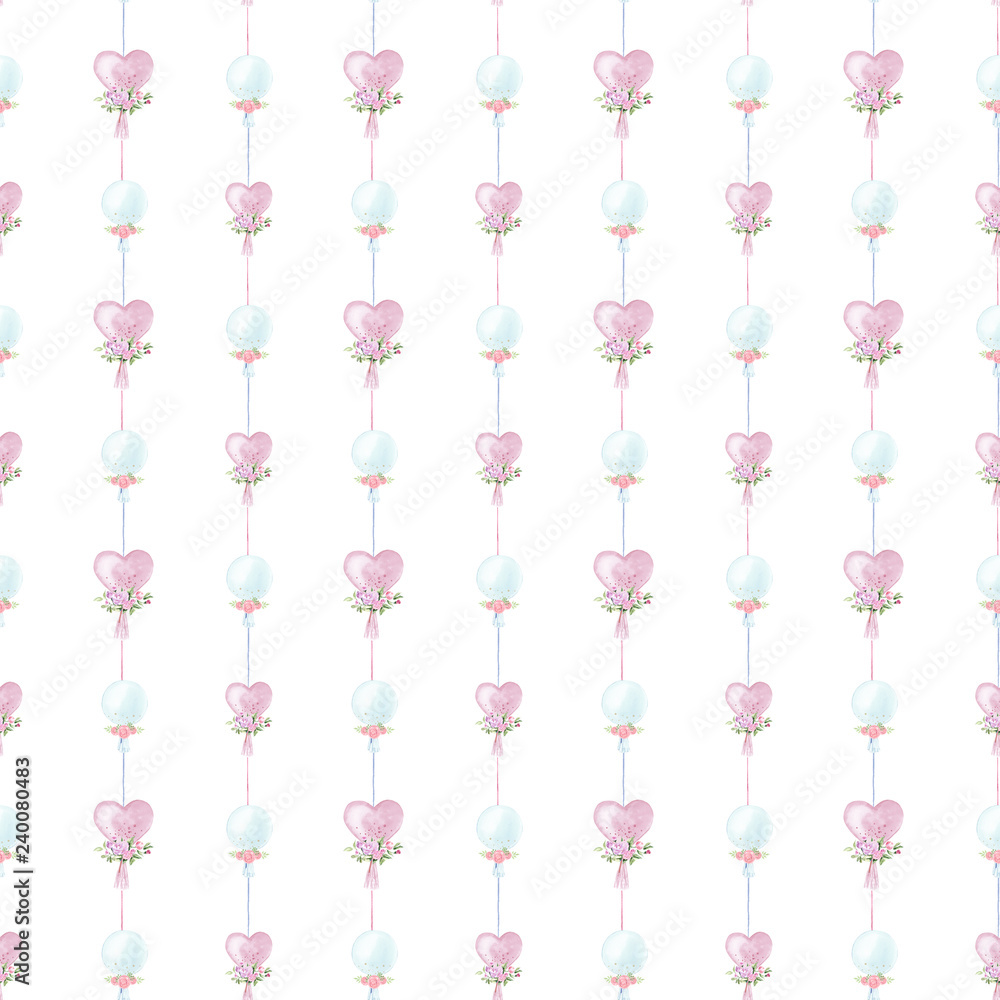 Watercolor pattern. Balloons pink heart and blue. Isolated on white background.