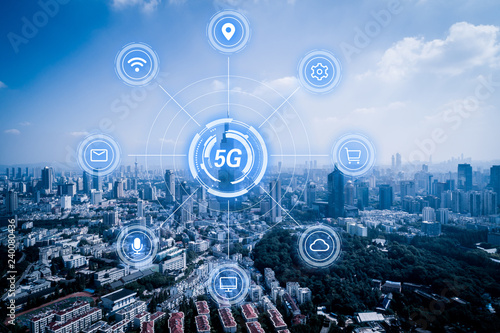 5G network wireless systems and internet of things with modern city skyline