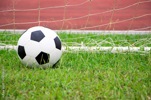 Soccer ball in a net and green background