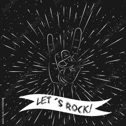 Sign of the horns scetch. Comics cartoon style.With an inscription: let's rock.  White strokes on a black background. Spray and Shine