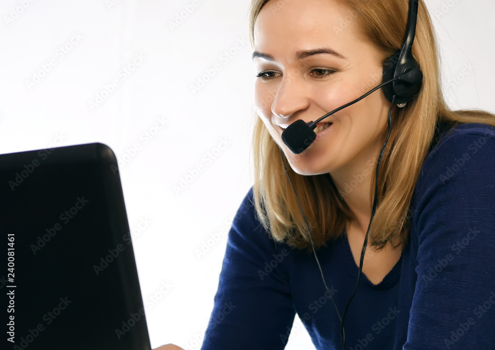 employee working in a call center. Headset telemarketing woman talking on helpline employee working in a call center. Headset telemarketing woman talking on helpline