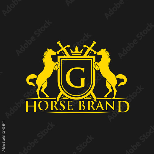 Initial Letter G logo. Horse Brand Logo design vector. Retro golden crest with shield and horses. Heraldic logo template. Luxury design concept. Can be used as logo, icon, emblem or banner.