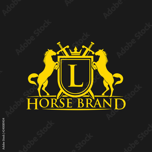 Initial Letter L logo. Horse Brand Logo design vector. Retro golden crest with shield and horses. Heraldic logo template. Luxury design concept. Can be used as logo  icon  emblem or banner.