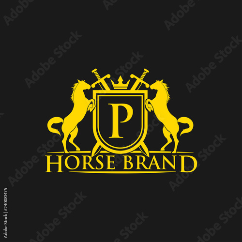 Initial Letter P logo. Horse Brand Logo design vector. Retro golden crest with shield and horses. Heraldic logo template. Luxury design concept. Can be used as logo, icon, emblem or banner.