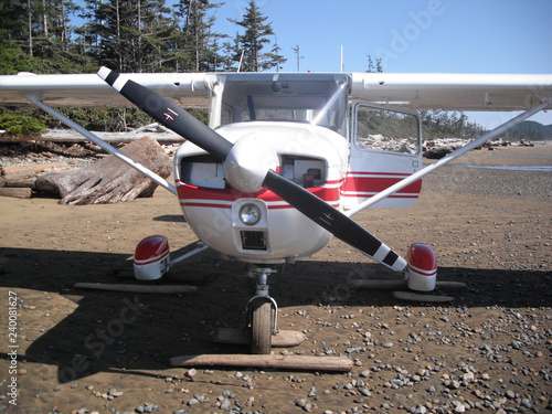 A small plane has landed on a remote beach in Burnett Bay British Columbia about 30 miles from the nearest town. The wheels are secured with makeshift chocks made from the abundant drift wood.  photo