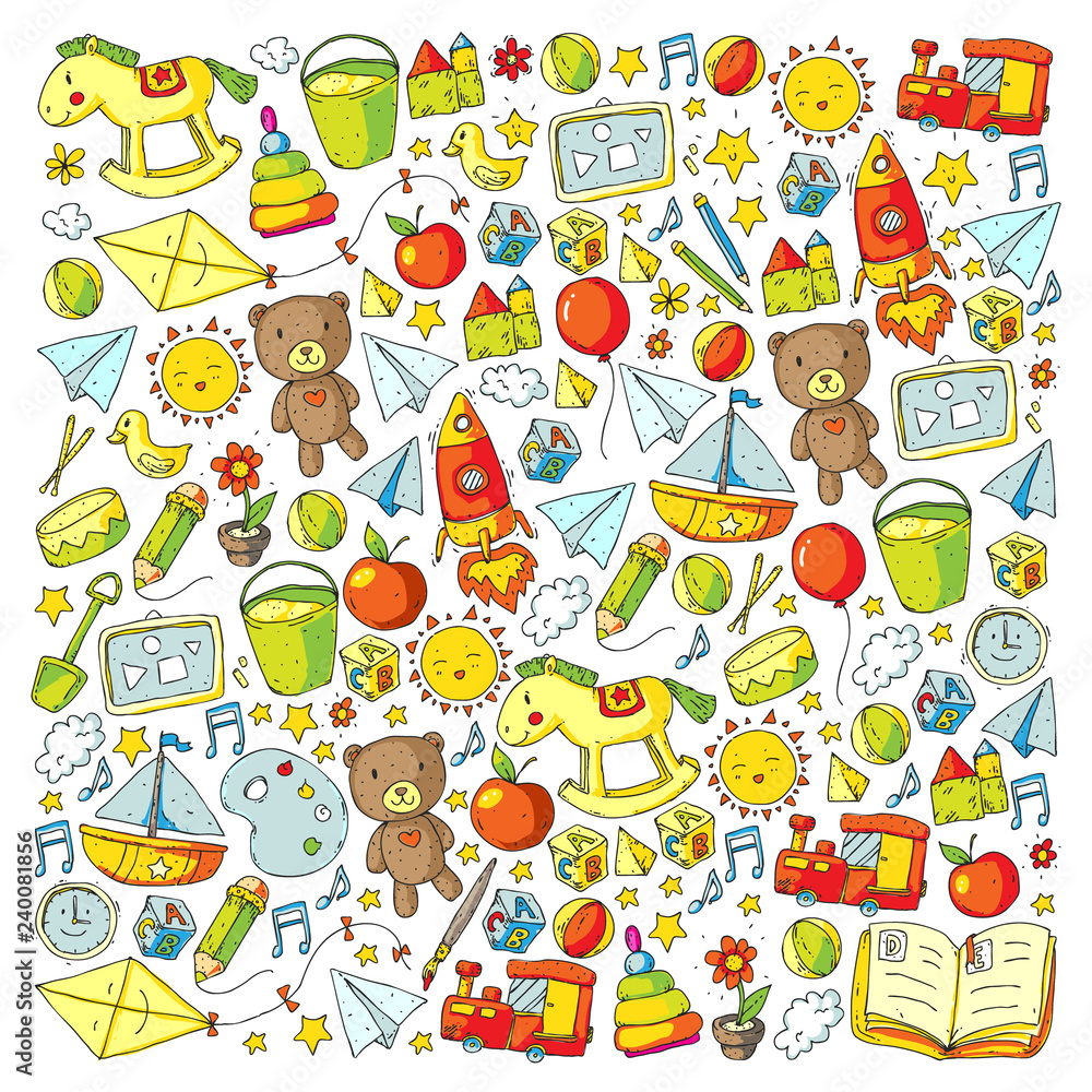 Kindergarten Vector pattern with toys and items for education.