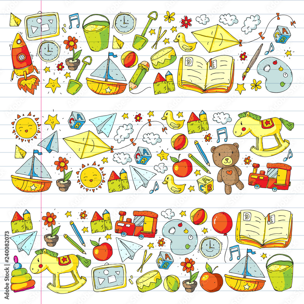 Fototapeta premium Kindergarten Vector pattern with toys and items for education.