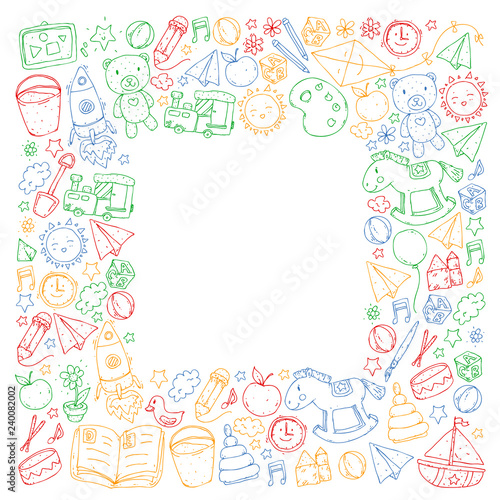 Kindergarten Vector pattern with toys and items for education.