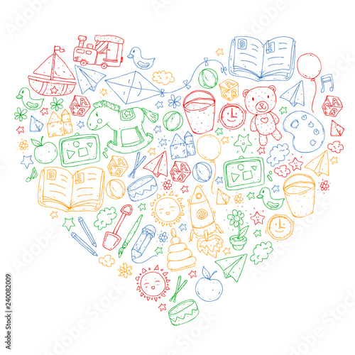 Kindergarten Vector pattern with toys and items for education.